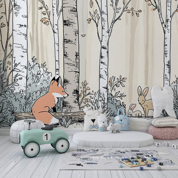 Carta da parati bambini | Volpe e conigli in una foresta tranquilla