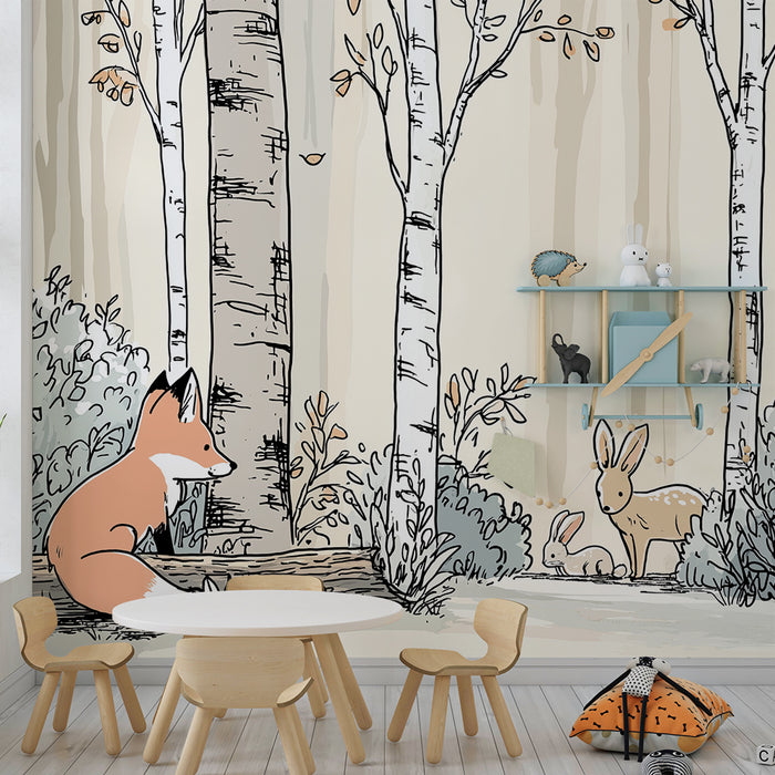 Carta da parati bambini | Volpe e conigli in una foresta tranquilla
