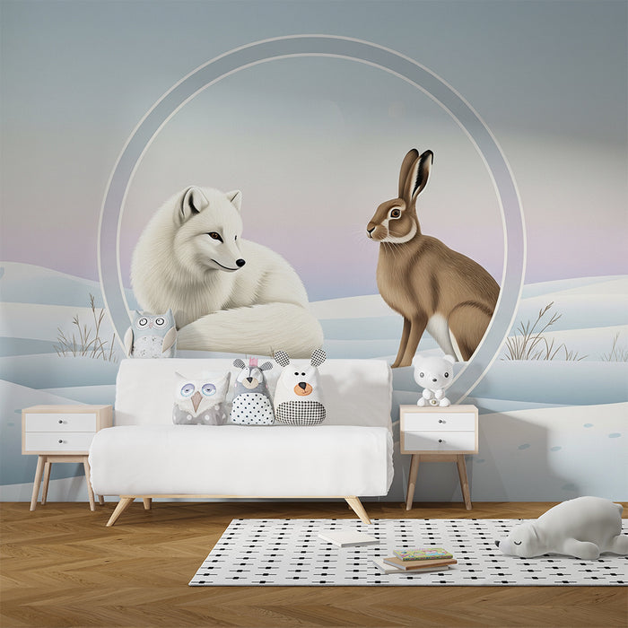 Barntapet | Räv och hare i lugn vinterlandskap