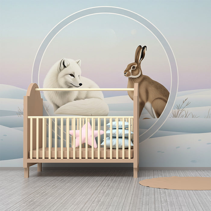 Barntapet | Räv och hare i lugn vinterlandskap