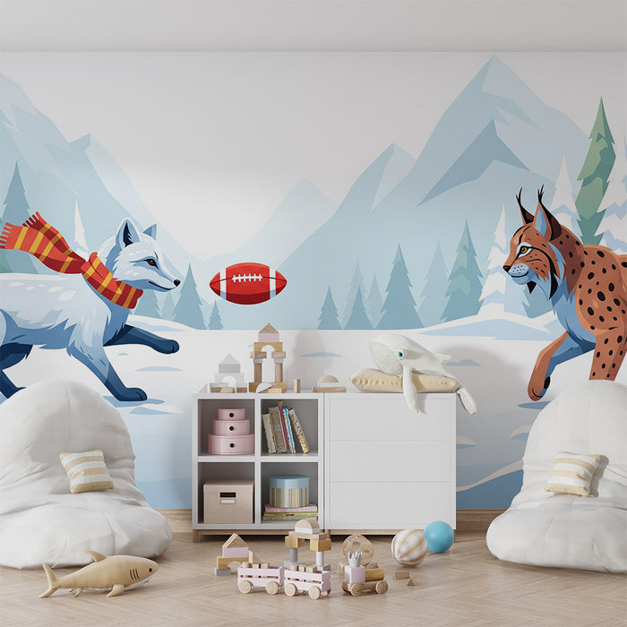 Papel de parede infantil | Raposa e lince a jogar futebol numa paisagem de neve