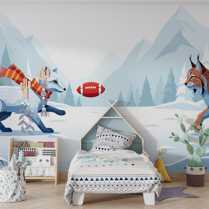 Papel de parede infantil | Raposa e lince a jogar futebol numa paisagem de neve
