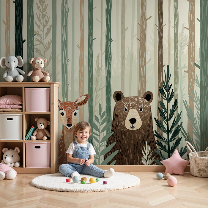 Papier peint chambre enfant | Renard et ours dans une forêt enchantée