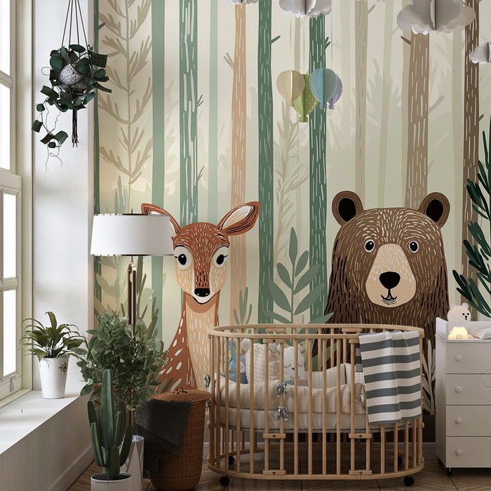 Papier peint chambre enfant | Renard et ours dans une forêt enchantée