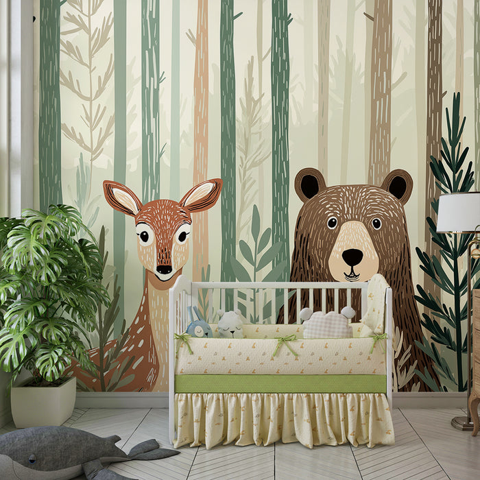 Papier peint chambre enfant | Renard et ours dans une forêt enchantée