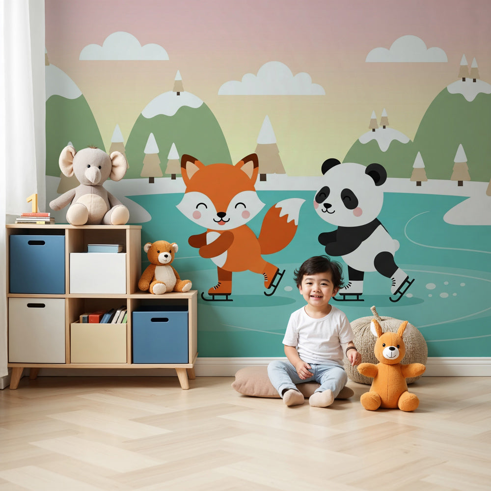 Carta da parati bambini | Volpe e panda pattinano sul ghiaccio — Kids Wall, image size:1000x1000