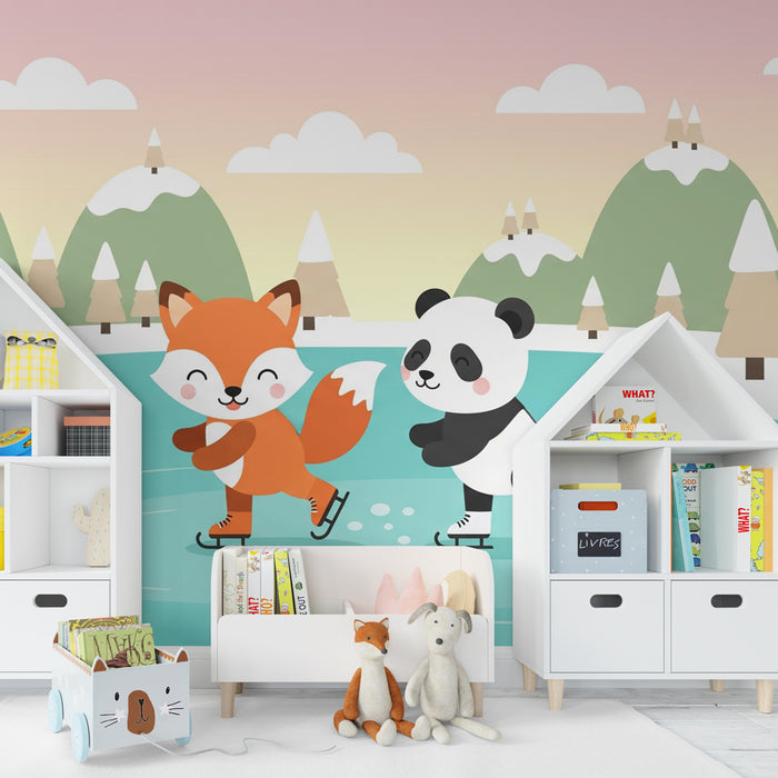 Dětská tapeta | Liška a panda bruslící na ledu