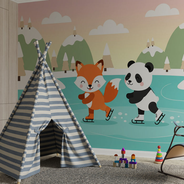 Dětská tapeta | Liška a panda bruslící na ledu