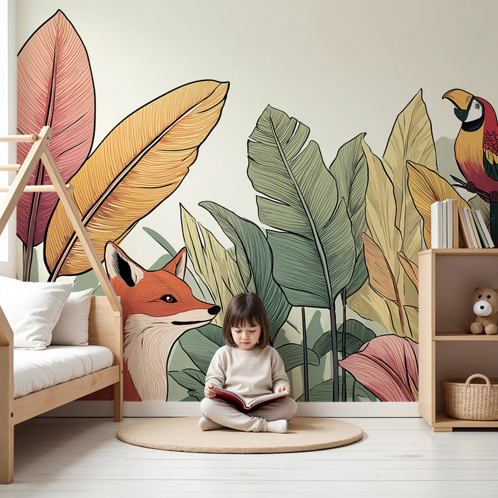 Gyermekszoba tapéta | Színes róka és papagáj az esőerdőben