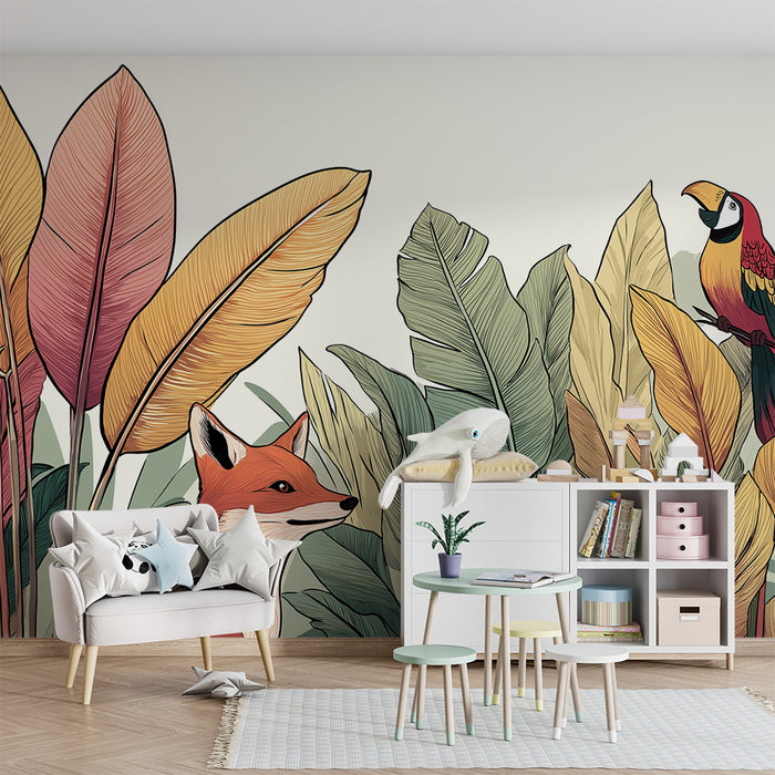 Gyermekszoba tapéta | Színes róka és papagáj az esőerdőben