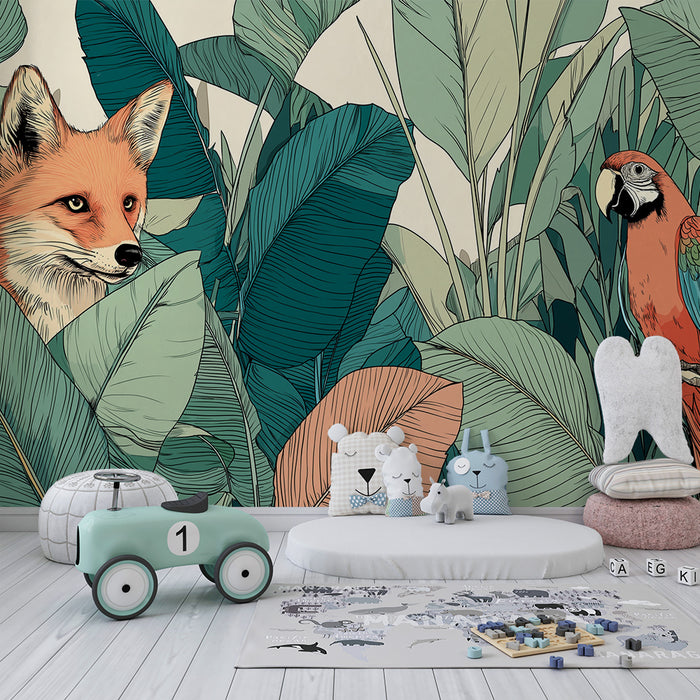 Tapet pentru camera copilului | Vulpe și papagal într-o junglă luxuriantă