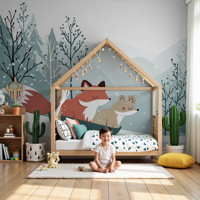 Papier peint chambre enfant | Renard et petit animal dans un paysage hivernal