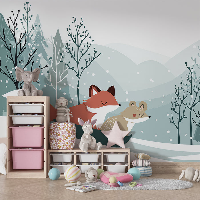 Papier peint chambre enfant | Renard et petit animal dans un paysage hivernal