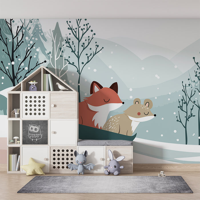 Papier peint chambre enfant | Renard et petit animal dans un paysage hivernal