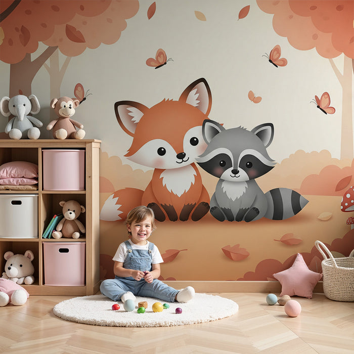 Papel de parede criança | Raposa e guaxinim numa floresta outonal