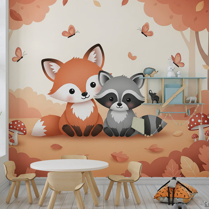 Papel de parede criança | Raposa e guaxinim numa floresta outonal
