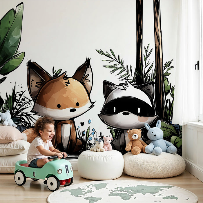 Tapeta do pokoju dziecięcego | Lis i szop w zielonej dżungli