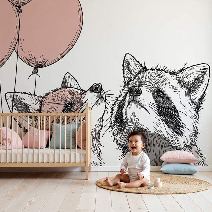 Papier peint chambre enfant | Renard et raton laveur festifs
