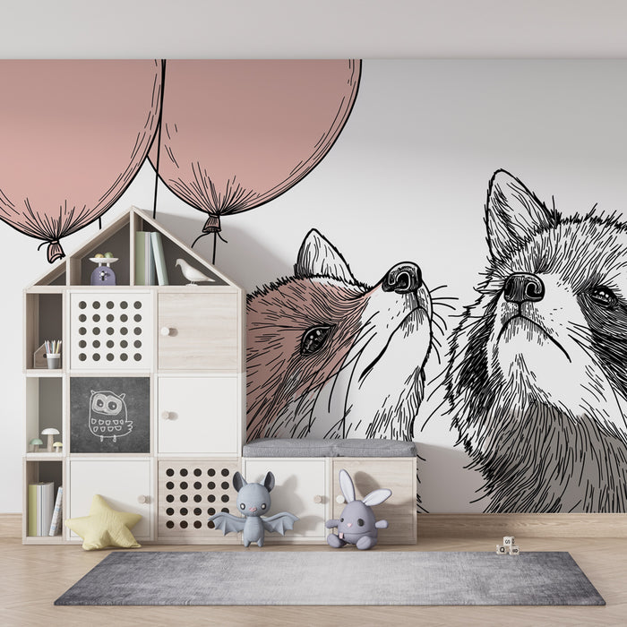 Papier peint chambre enfant | Renard et raton laveur festifs