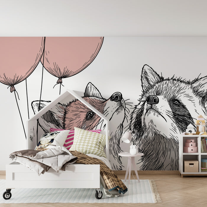 Papier peint chambre enfant | Renard et raton laveur festifs