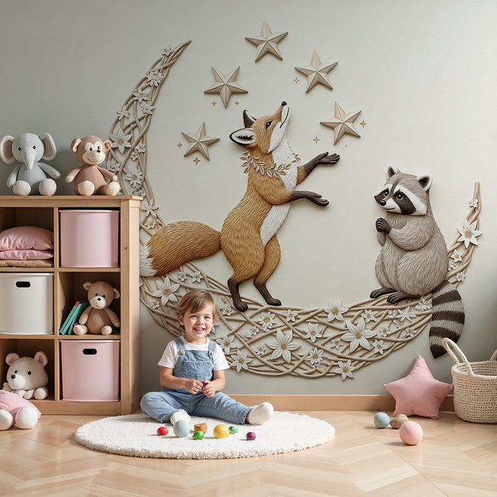 Kids room wallpaper | Fox and raccoon under a starry sky