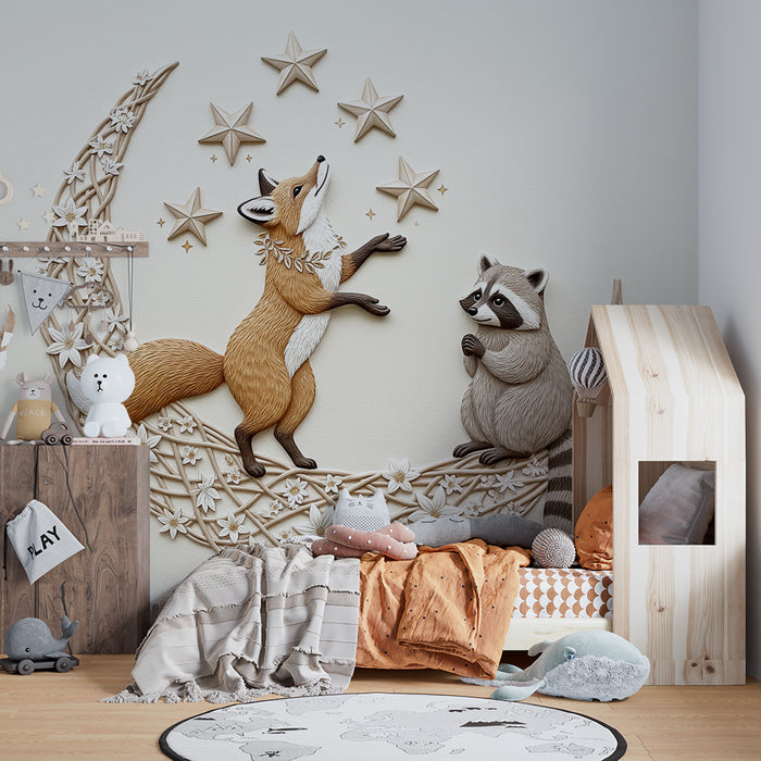 Kids room wallpaper | Fox and raccoon under a starry sky