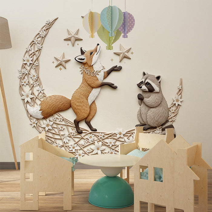 Kids room wallpaper | Fox and raccoon under a starry sky