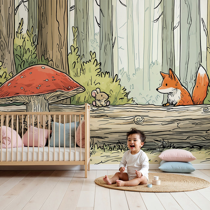 Kinderkamer behang | Vos en muis in een betoverend bos