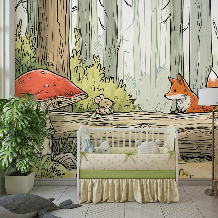 Kinderkamer behang | Vos en muis in een betoverend bos