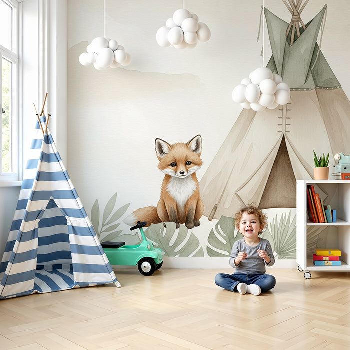Detská izba tapeta | Lišiak a tipi v prírode