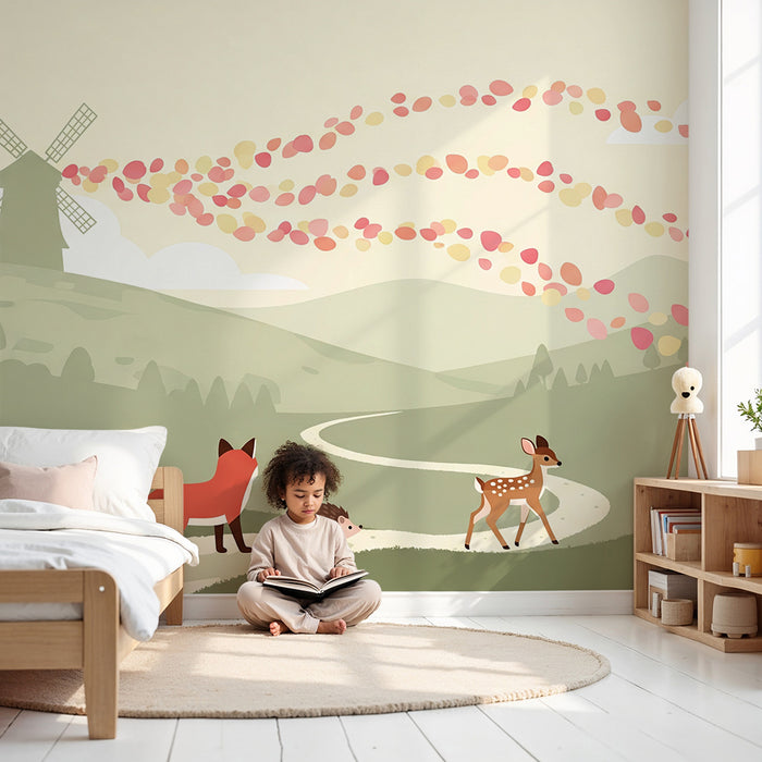 Kinderzimmer Tapete | Fuchs, Rehkitz und Igel in einer herbstlichen Landschaft