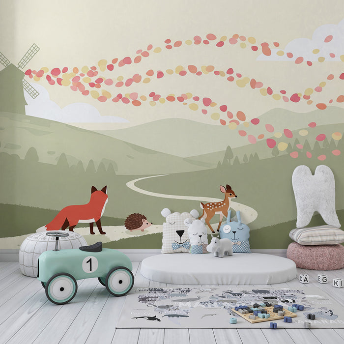 Kinderzimmer Tapete | Fuchs, Rehkitz und Igel in einer herbstlichen Landschaft