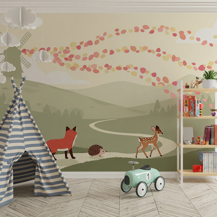 Kinderzimmer Tapete | Fuchs, Rehkitz und Igel in einer herbstlichen Landschaft