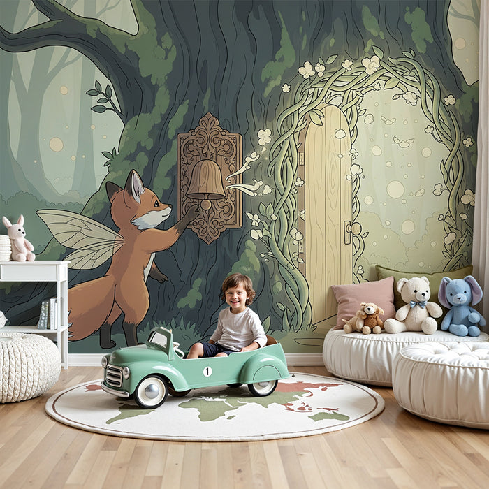 Papel pintado infantil | Zorro mágico frente a una puerta mágica en el bosque