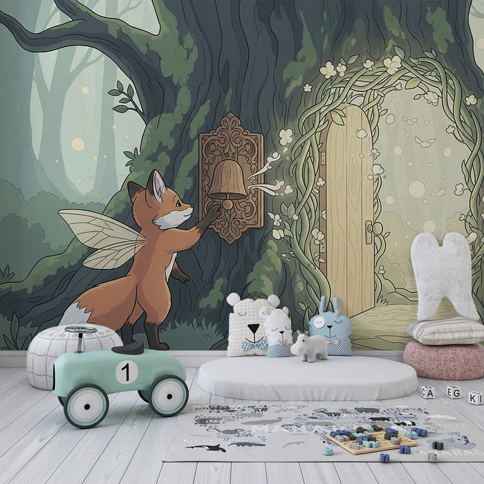 Papel pintado infantil | Zorro mágico frente a una puerta mágica en el bosque