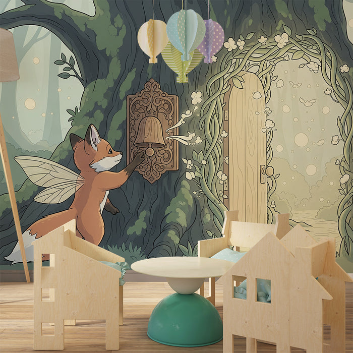 Papel pintado infantil | Zorro mágico frente a una puerta mágica en el bosque
