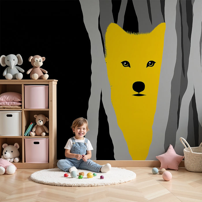 Papier peint chambre enfant | Renard jaune émergeant d'une forêt stylisée