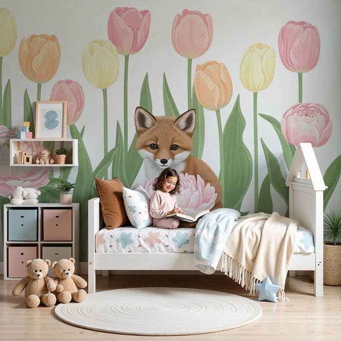 Lastenhuoneen tapetti | Kettu leikkii kukkien keskellä