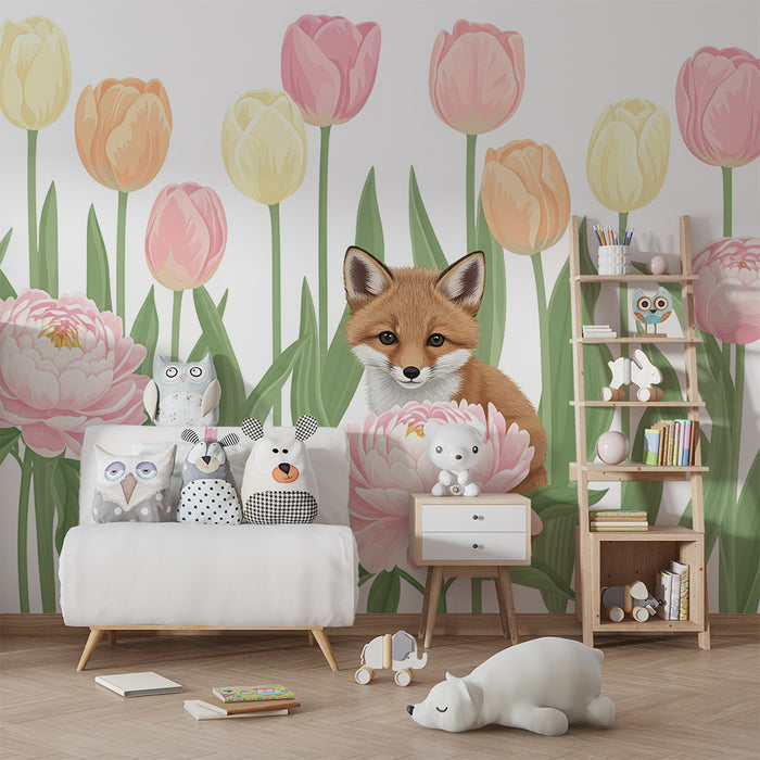 Lastenhuoneen tapetti | Kettu leikkii kukkien keskellä