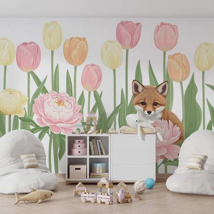 Lastenhuoneen tapetti | Kettu leikkii kukkien keskellä