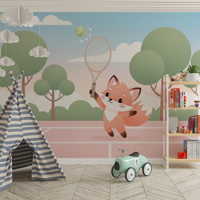 Kids room wallpaper | Tennis-playing fox in a park