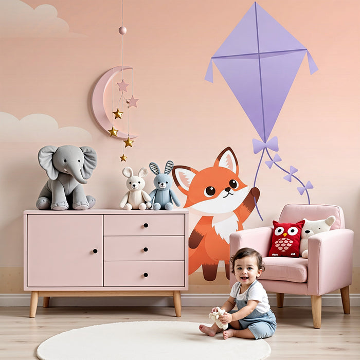 Papier peint chambre enfant | Renard joueur et cerf-volant
