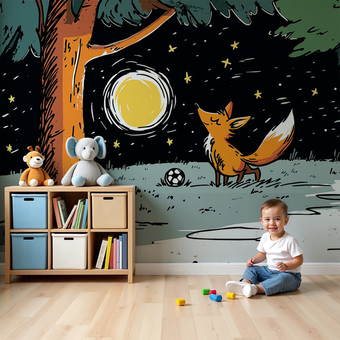 Papel de parede criança | Raposa a brincar sob a lua e as estrelas