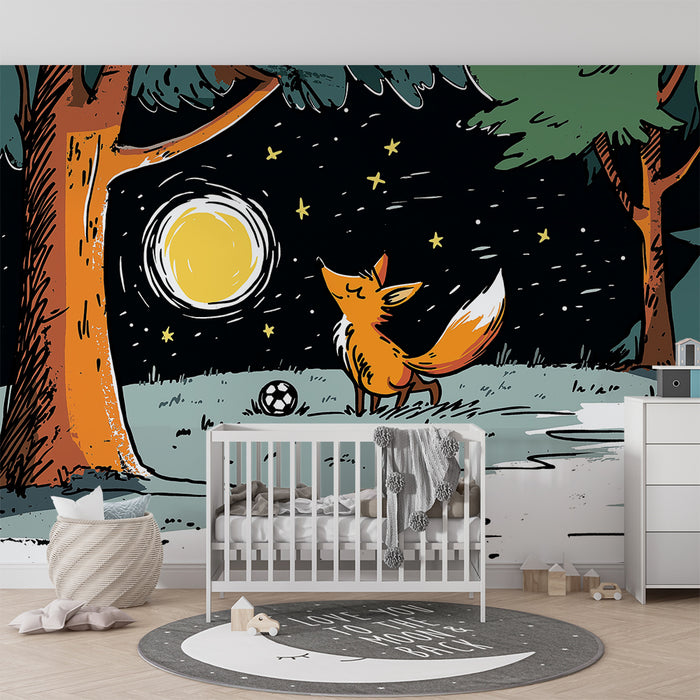 Papel de parede criança | Raposa a brincar sob a lua e as estrelas