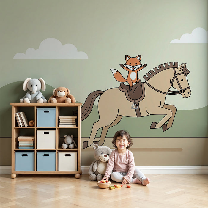Papel de parede criança | Raposa feliz a cavalo