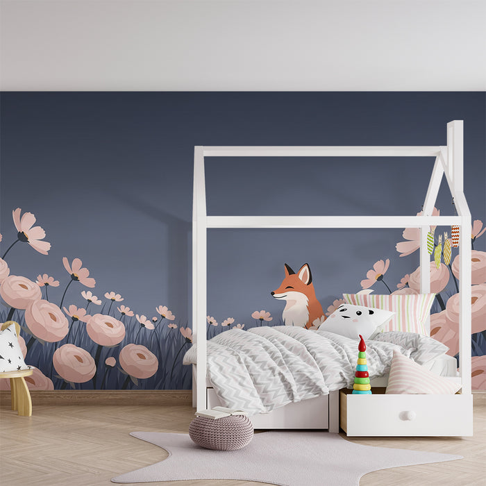 Barntapet | Glada rävar mitt i rosa blommor