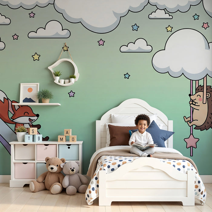 Papel pintado infantil | Zorro alegre y erizo bajo un cielo estrellado