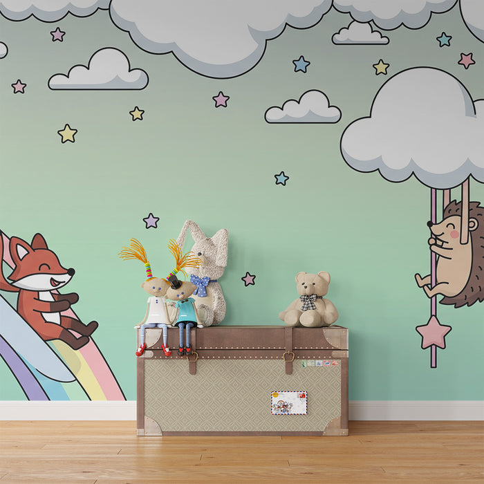 Papel pintado infantil | Zorro alegre y erizo bajo un cielo estrellado