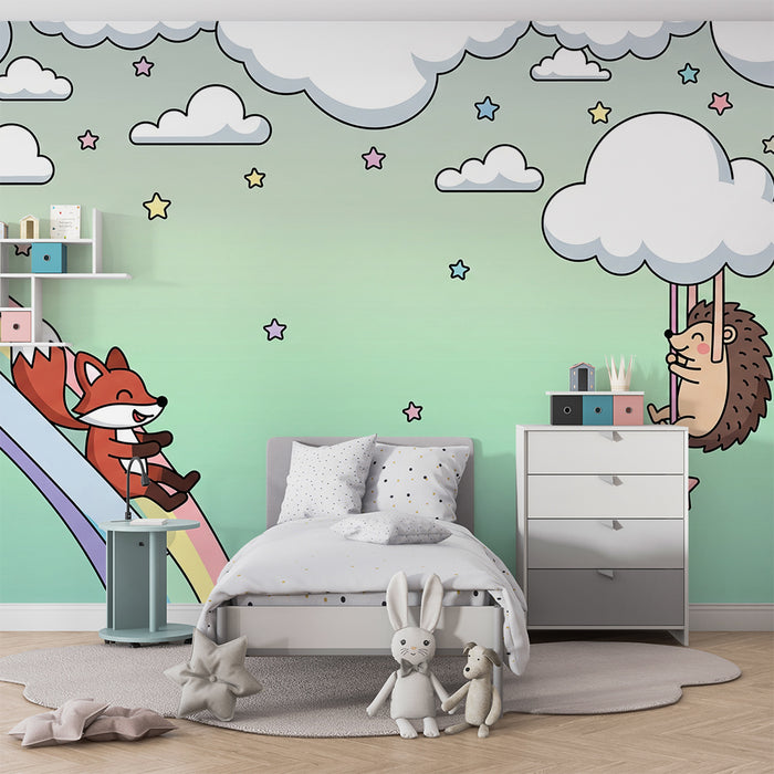 Papel pintado infantil | Zorro alegre y erizo bajo un cielo estrellado