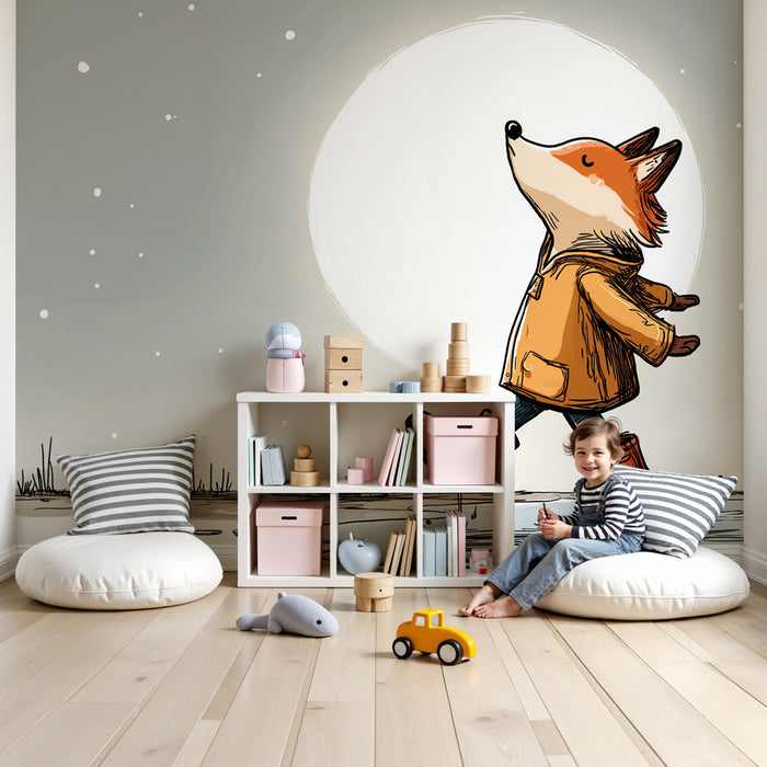 Papier peint chambre enfant | Renard joyeux sous la lune